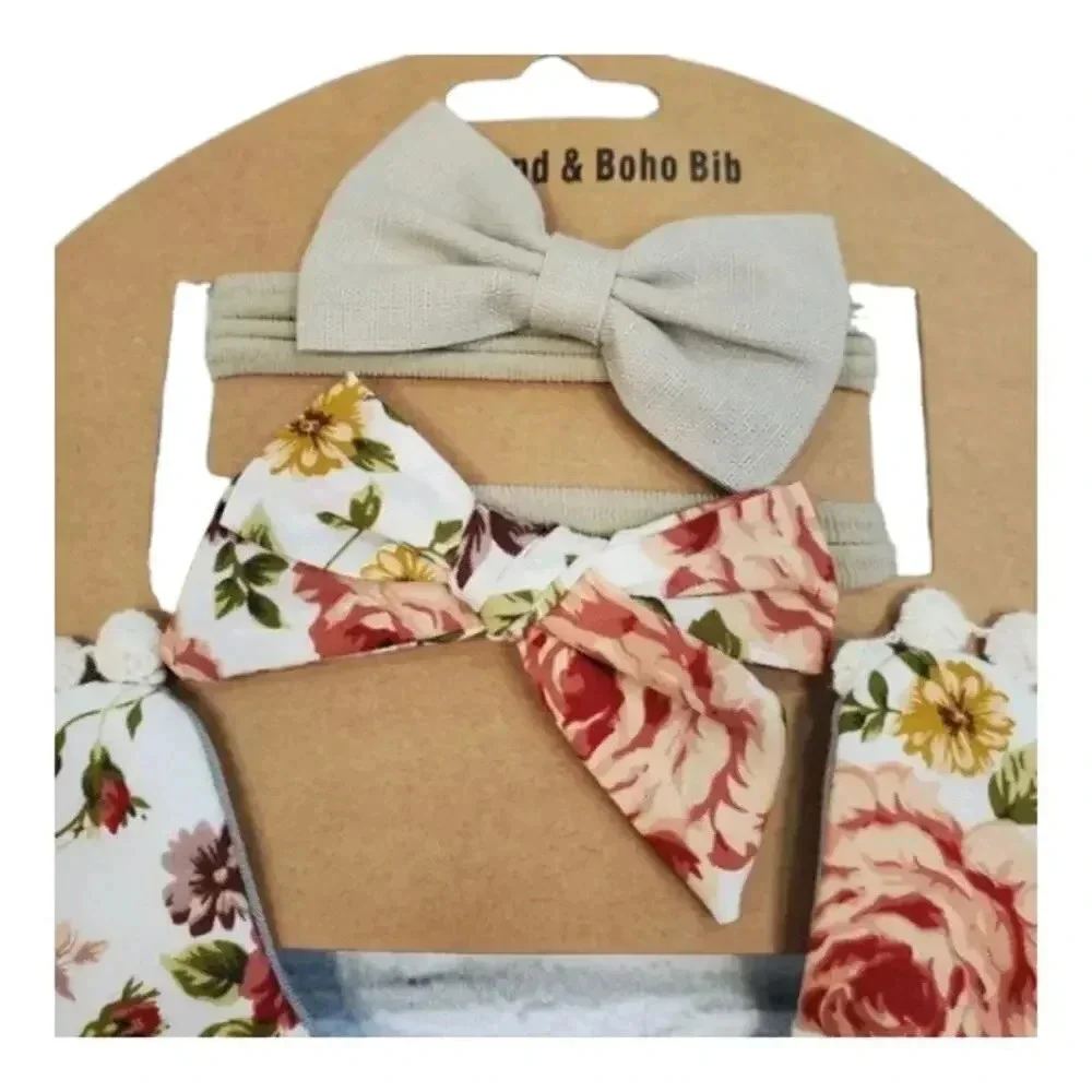 Boho Vintage Inspired Reversable Baby Bib with Matching Headbands Baby Girl Gift